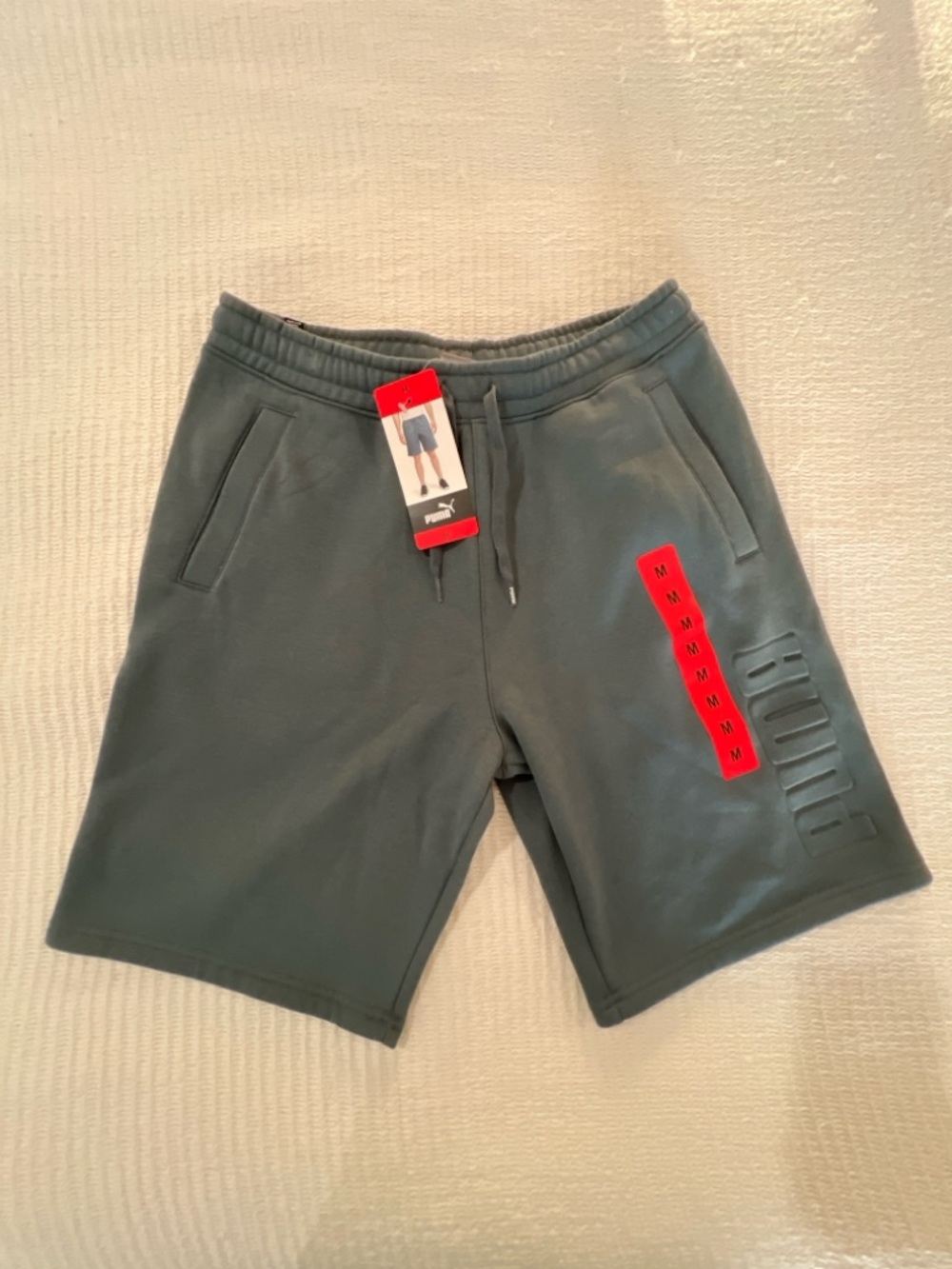 Puma Men’s Gray Athletic Logo Shorts with Red Tag